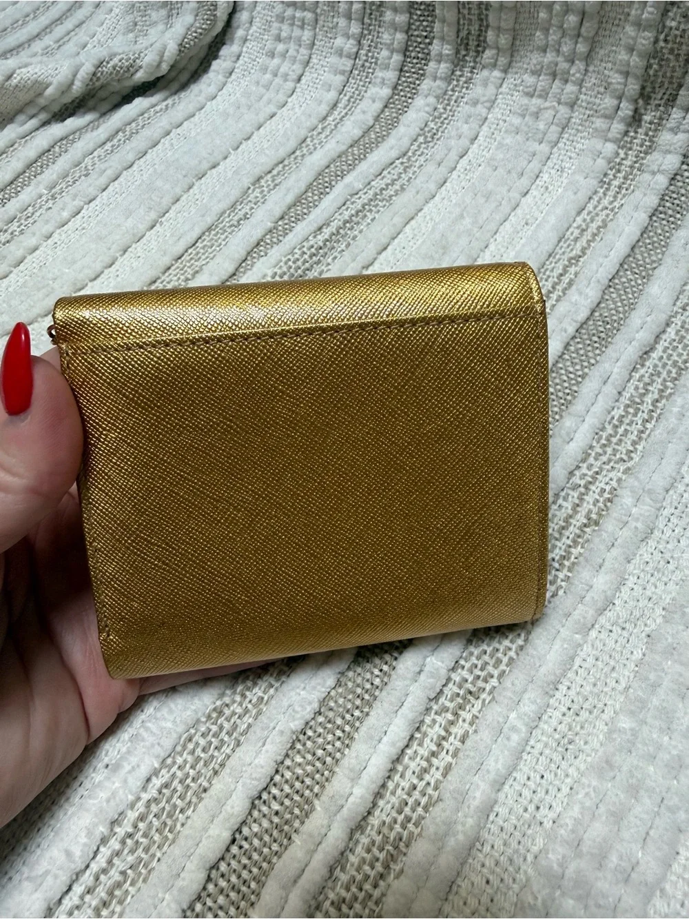 MCM Metallic Gold Saffiano Leather Compact Wallet with Charm